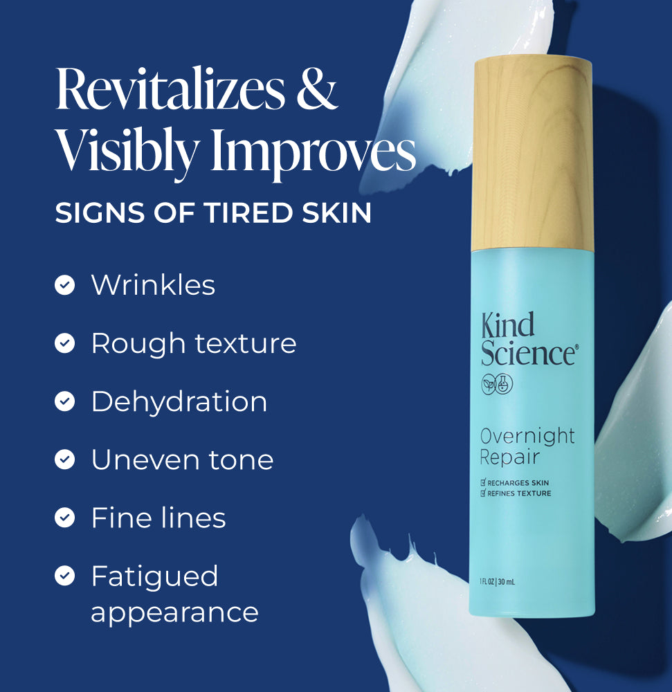 Kind Science Overnight Repair skincare bottle with text on a blue background