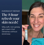 Woman holding a skincare product with promotional text about Overnight Repair 