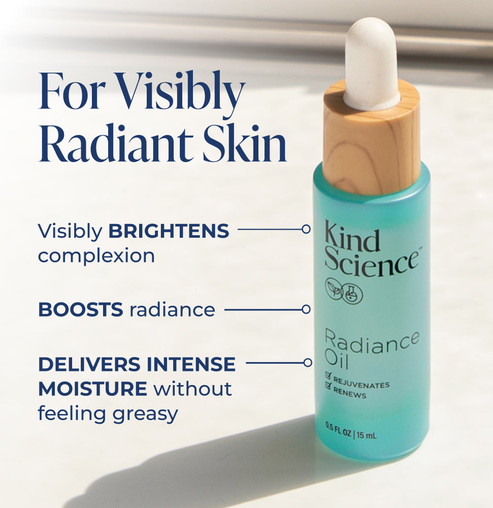Kind Science Radiance Oil bottle with text highlighting benefits on a light background