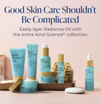 Kind Science skincare products on a pink background with text about skin care.