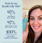Woman holding a bottle of Kind Science Radiance Oil with product features displayed on the left.