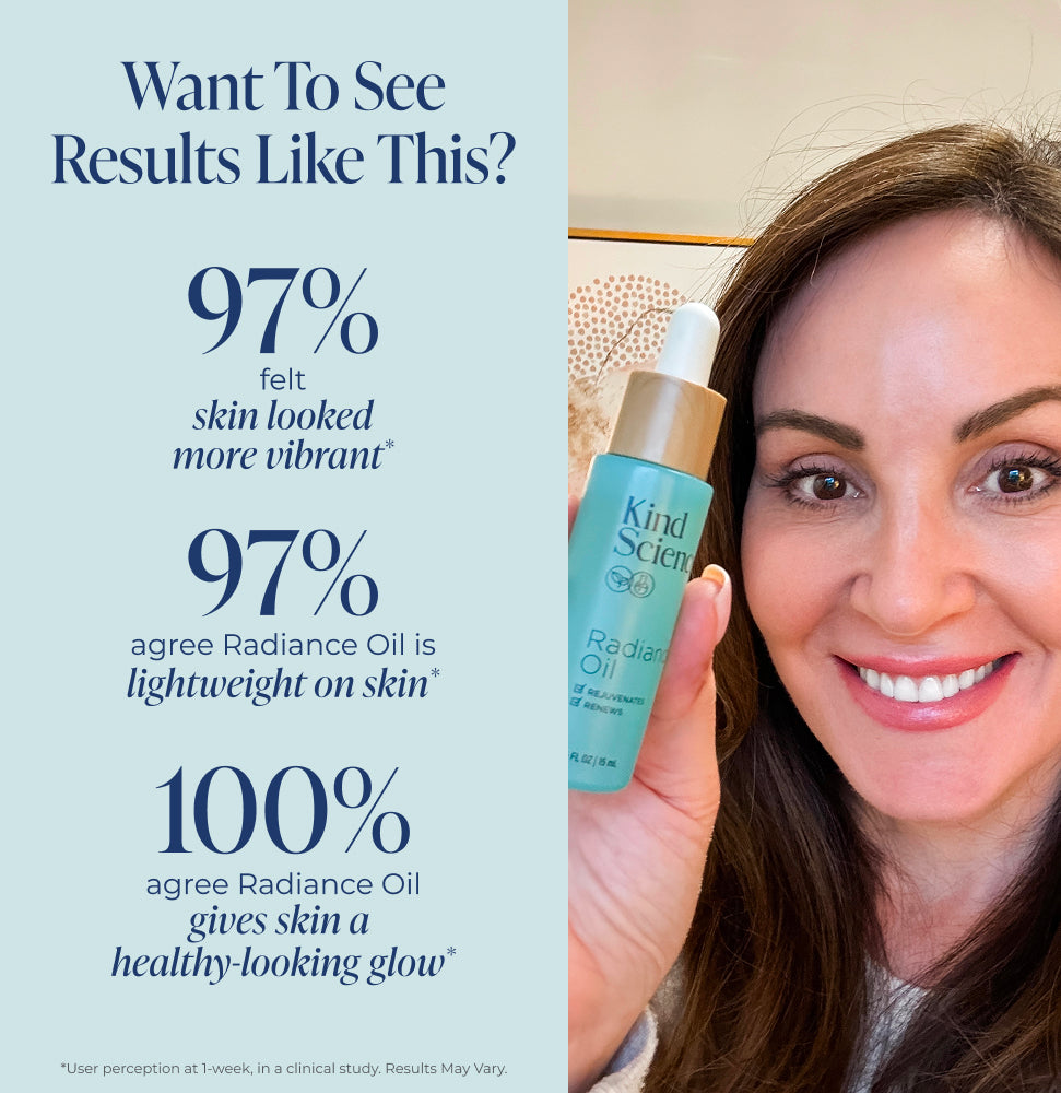 Woman holding a bottle of Kind Science Radiance Oil with product features displayed on the left.