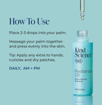 Kind Science Radiance Oil bottle with dropper and usage instructions on a light blue background
