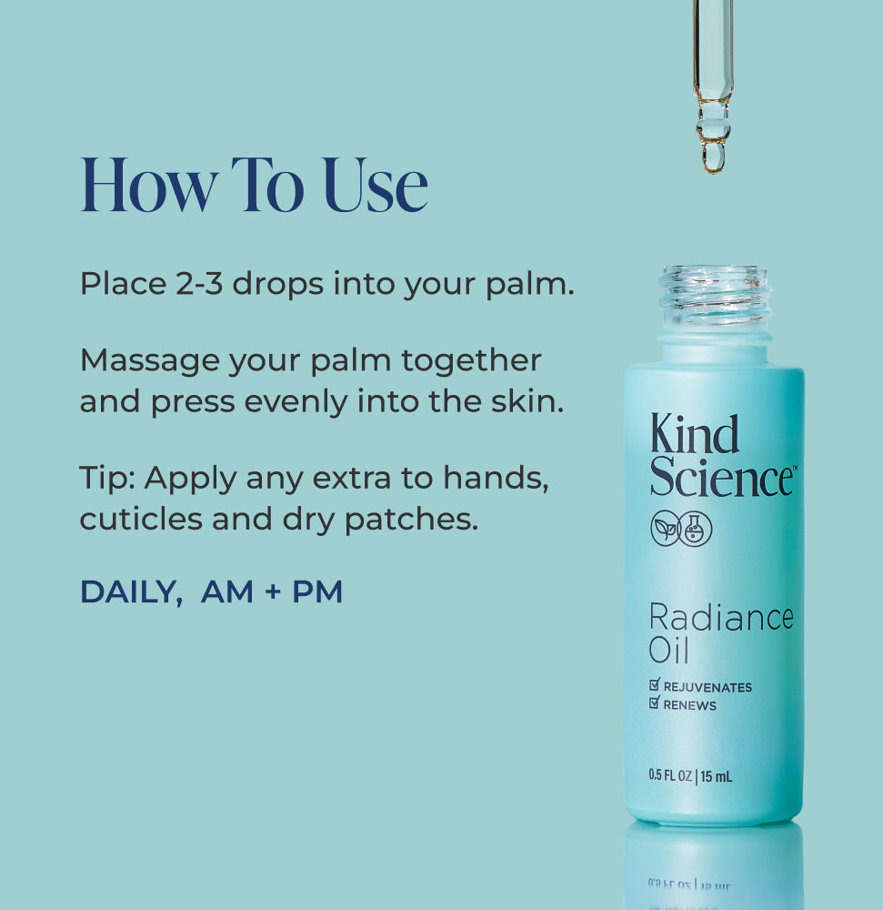 Kind Science Radiance Oil bottle with dropper and usage instructions on a light blue background