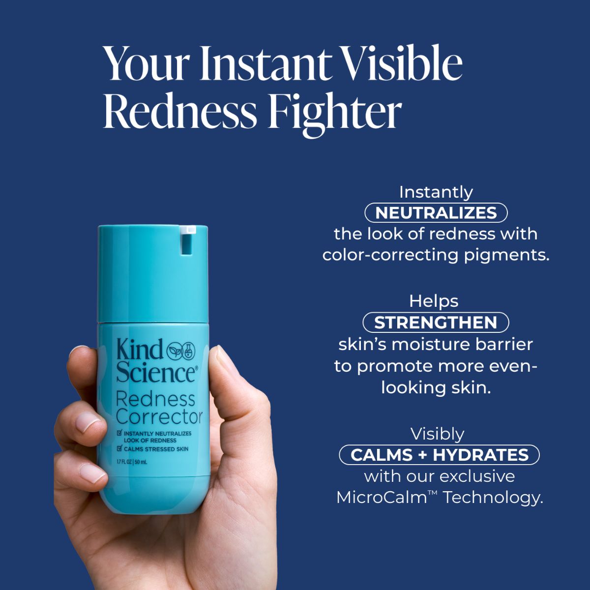 A hand holds a turquoise blue bottle of Kind Science Redness Corrector against a dark blue background with white marketing text describing skin benefits, including neutralizing redness, strengthening skin barrier, and calming. 