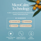 A promotional graphic for MicroCalm Technology on a dusty blue background, featuring white text, key ingredients including avocado oil, ceramides, vitamins, and antioxidants, and three benefit icons for reducing redness, moisture support, and deep hydration. Olive branches with small orange berries decorate the top right corner.