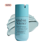 Kind Science Redness Corrector in a light blue pump bottle, shown with a matching light blue product smear behind it on a white background, with a small 'NEW!' badge in the top left.