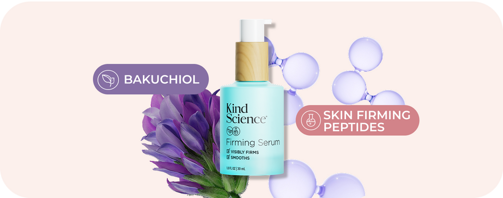 A skincare bottle labeled Kind Science Firming Serum centered on a pale pink background, with purple flowers, floating bubble graphics, and text callouts reading 'BAKUCHIOL' and 'SKIN FIRMING PEPTIDES'.