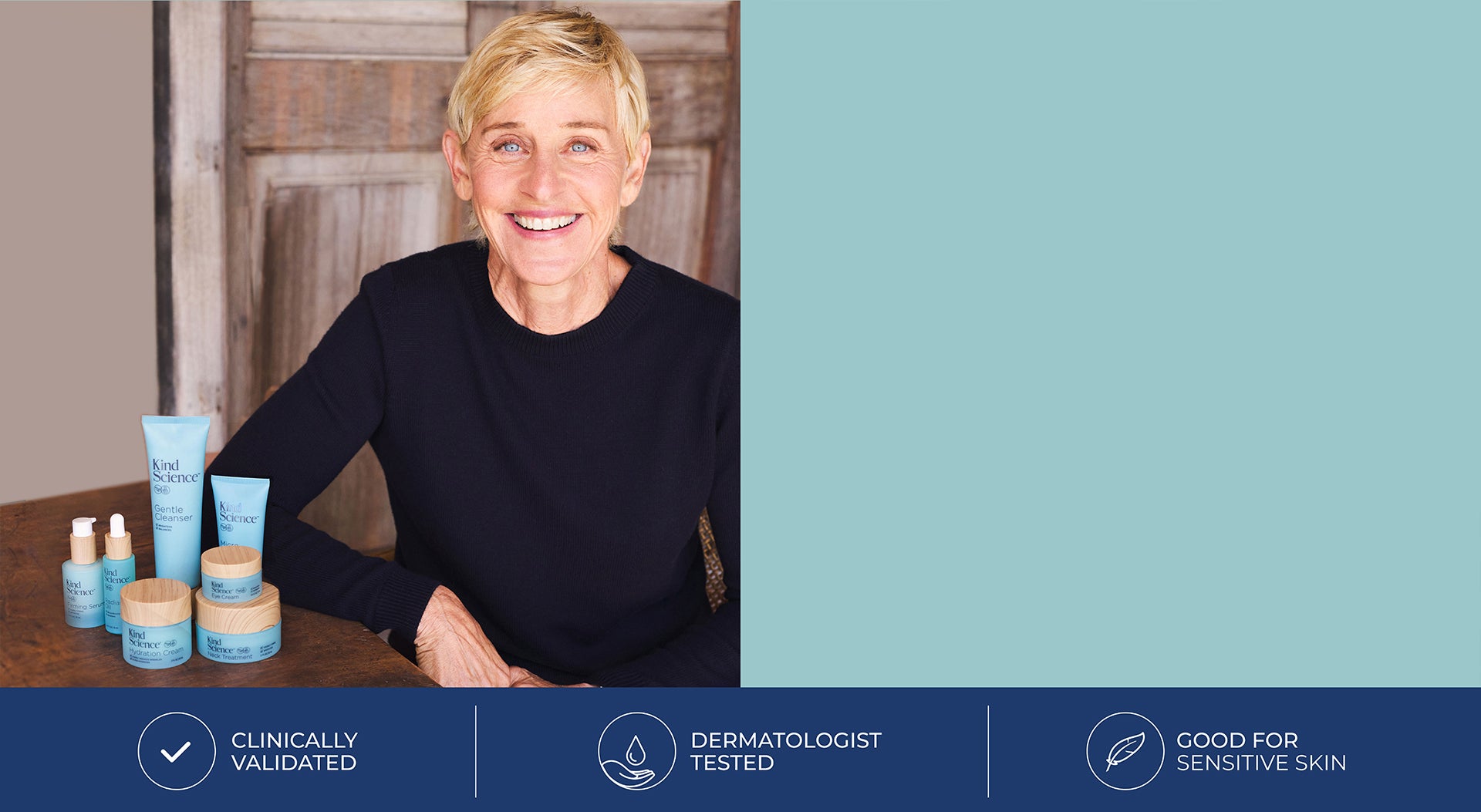 Hero Banner with Ellen DeGeneres and Kind Science products 