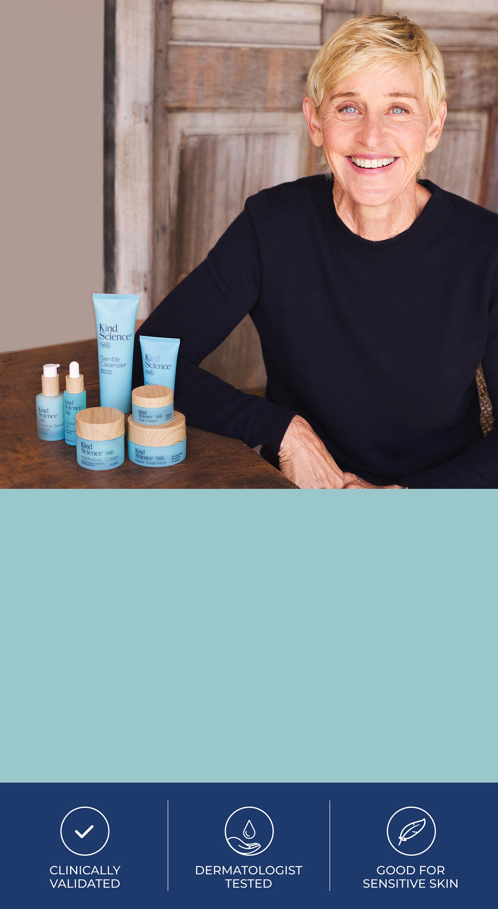 Image of Ellen Degeneres with Kind Science skincare in blue packaging. 