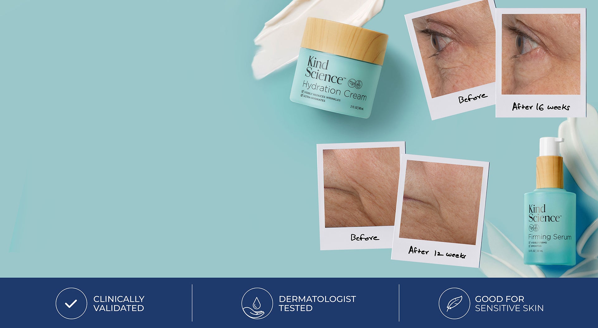 Image of eyes and cheek wrinkles fading over time as depicted from clinical study,