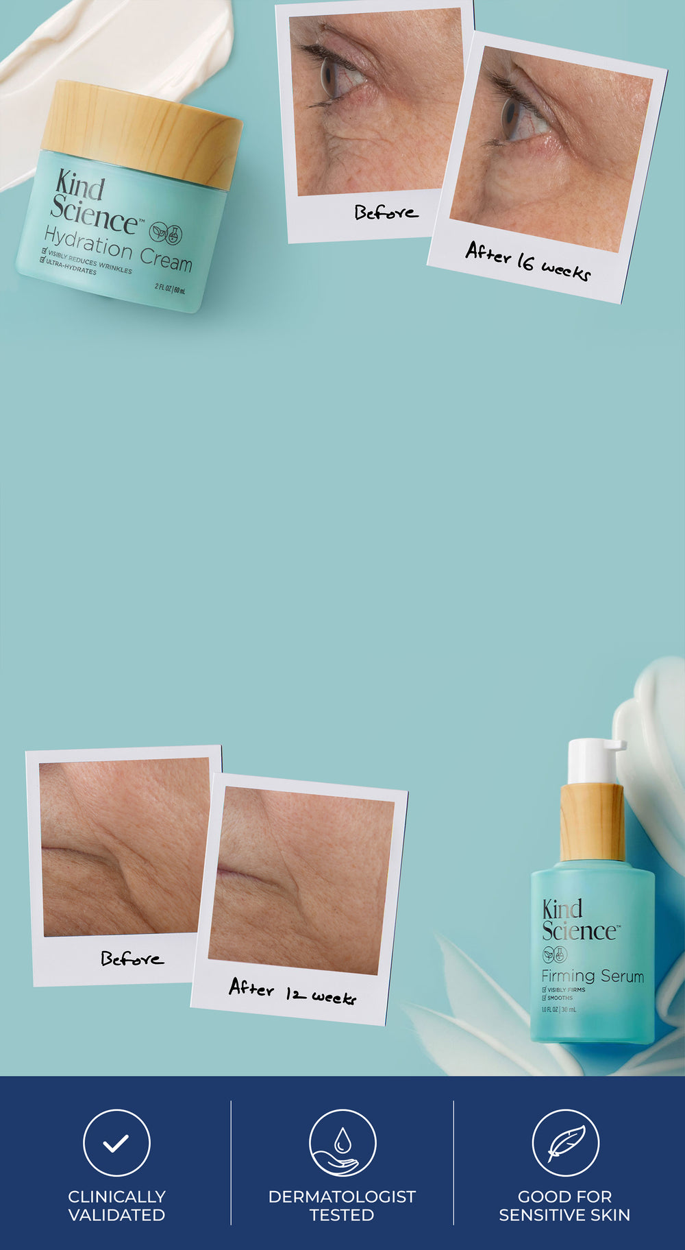 Image of eyes and cheek wrinkles fading after time of product use.