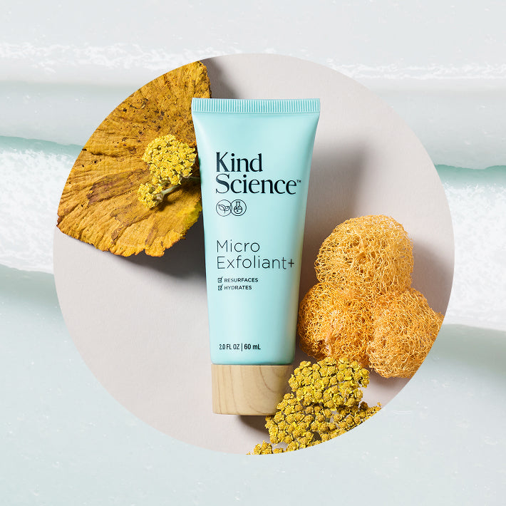 Kind Science Micro Exfoliant+ tube featuring volcanic sand, which encourages cell turnover through gentle exfoliation.