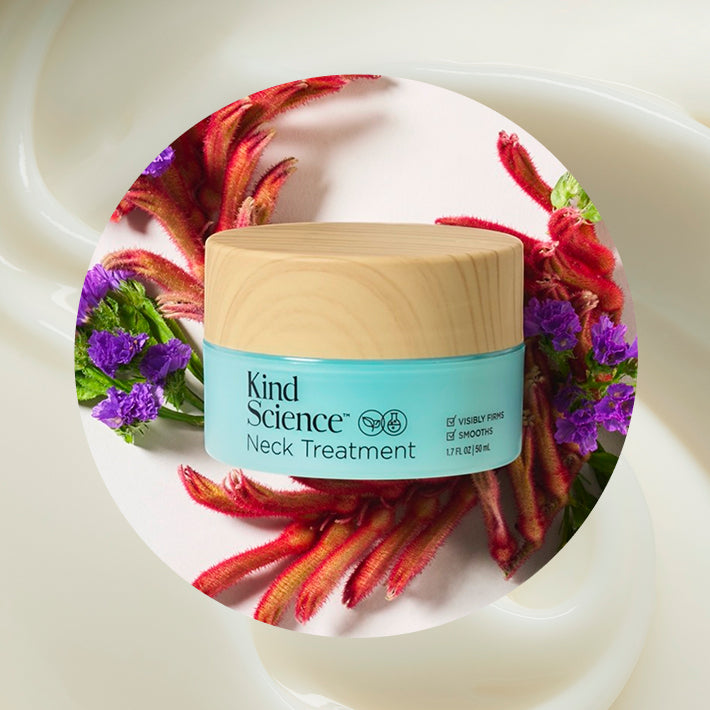 Kind Science Neck Treatment jar with wooden lid on a decorative background with flowers