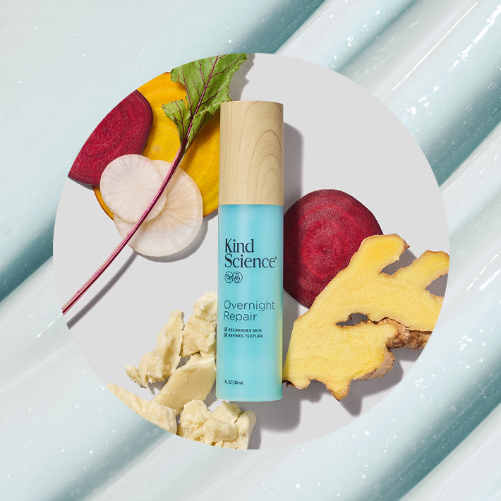 Kind Science Overnight Repair skincare product on a white plate featuring ginger root and shea butter