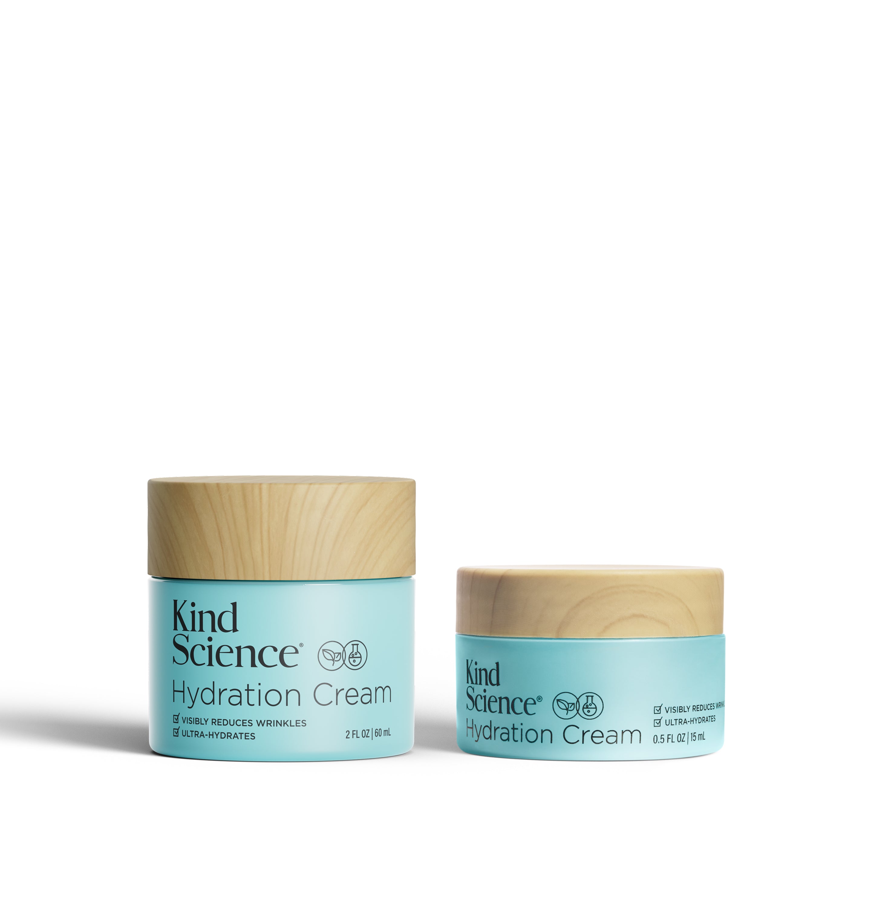 Large and small jars of Kind Science Hydration Cream on a white background