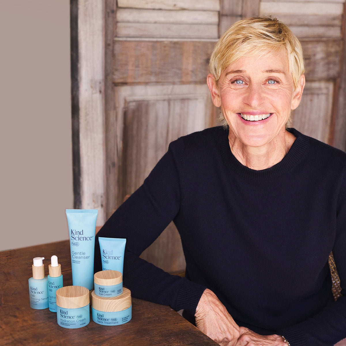 Image of Ellen Degeneres with her skin care line, Kind Science