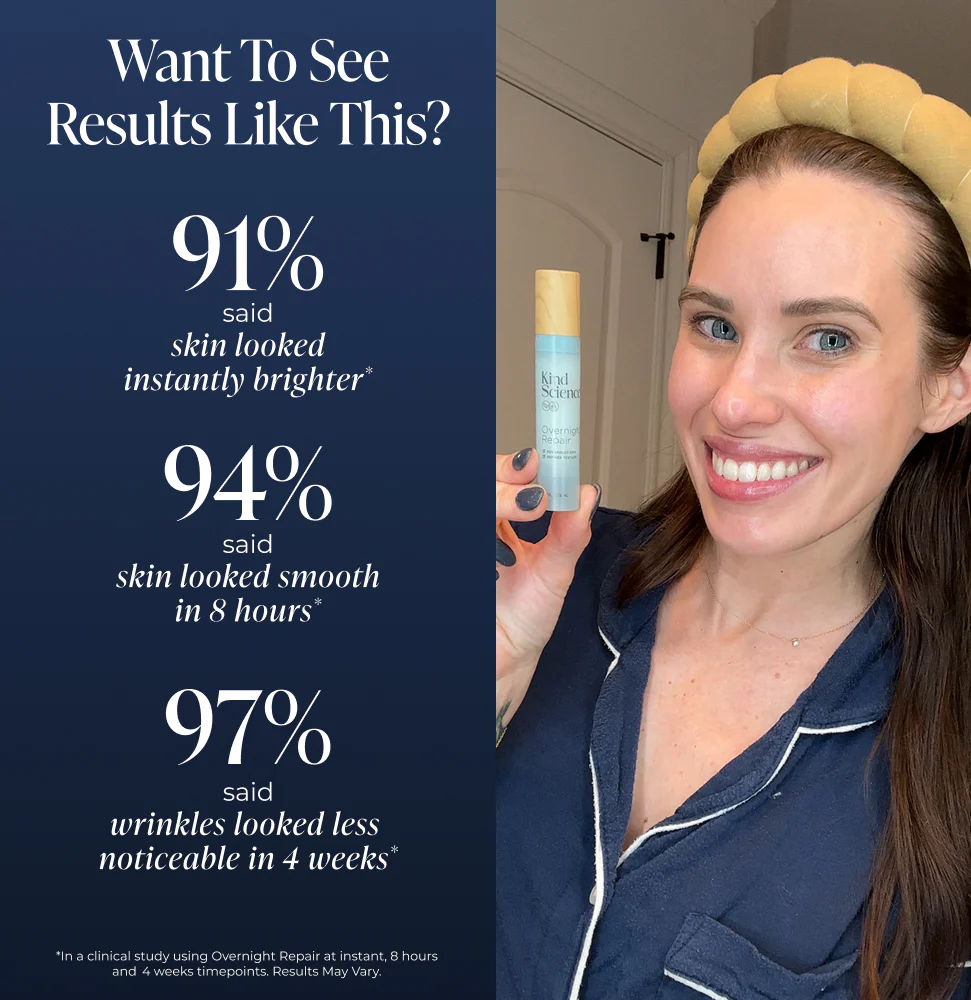Woman holding Kind Science Overnight Repair product with text about skin improvement results.