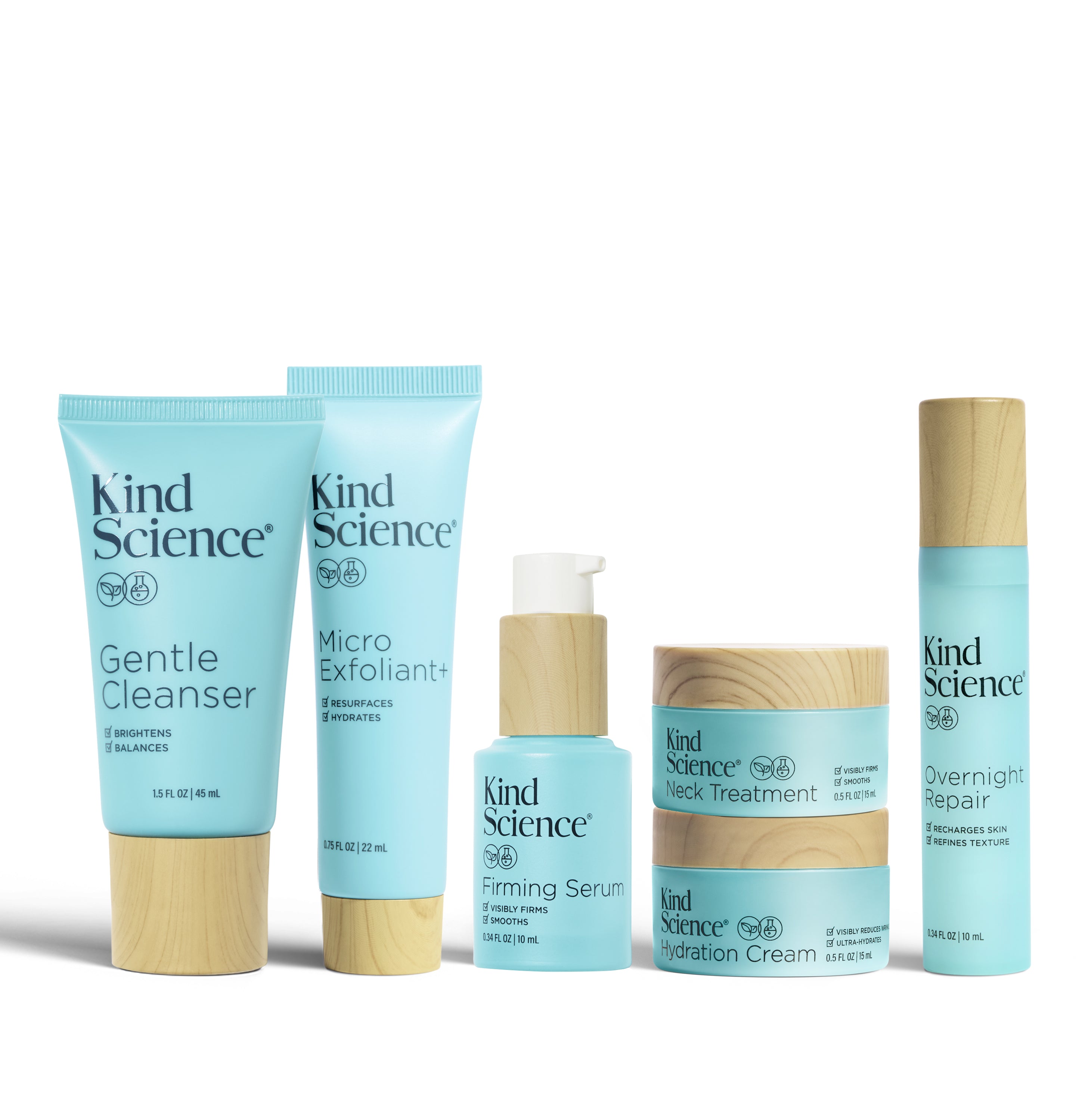Collection of Kind Science skincare products on a white background